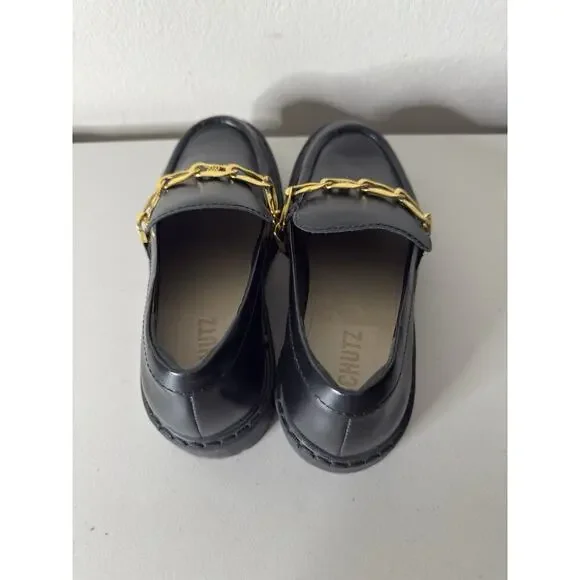 Schutz 6B Womens Black Leather Gold Chain Christie Loafers Slip On Muller Patent - Picture 6 of 9